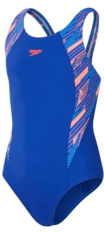 Speedo Junior Girl's HyperBoom Splice Muscleback Swimsuit | Swim Training | Chlorine Resistant, True Cobalt/Siren Red/Picton Blue, 5-6 Years