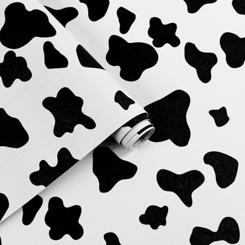 Arthome Nera Bianca Adesiva Carta da Parati, 44cmx10m Macchie Mucca Stampate Contatto Moderna Autoadesiva Impermeabile Carta da Parati in Vinile Decorativo per Soggiorno Camera Letto Armadio