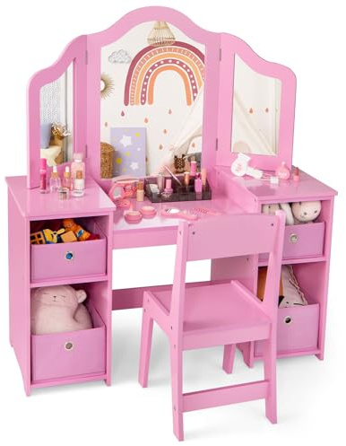 COSTWAY 2 in 1 Kinder Schminktisch mit abnehmbarem Spiegel, Frisiertisch Prinzessin mit Stuhl, Kosmetiktisch mit Aufbewahrungsboxen & offenen Fächern, Schminkkommode Holz für Mädchen (Rosa)