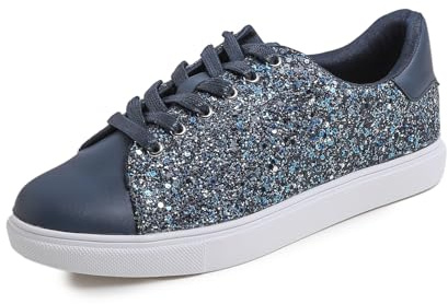 Feversole kvinnors funktioner glitter spets up sneakers, klänning sneakers fest bling casual platta dekorerade skor, ljusgyllene glitter snörskor, Nattblått glitter Laceup 1405, 40 EU