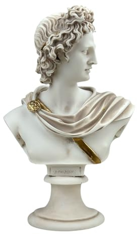 Statua di Dio Apollo, busto greco romano, in marmo grigio patina
