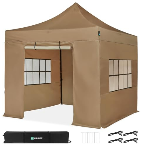 VONROC Gazebo Easy-Up 3 x 3 m, vattentätt trädgårdstält, UV-skydd 50+, stålram, väska med hjul - modulär med sidoväggar - beige