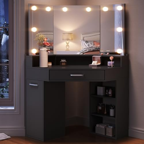 SONNI Eck Schminktisch mit Dreifachspiegel, LED, 110x54x141.5cm, Schwarz | Kosmetiktisch mit Schubladen, Auszugsschrank, Regale, 3 Offene Fächer, Frisiertisch für Schlafzimmer, Wohnung, Loft