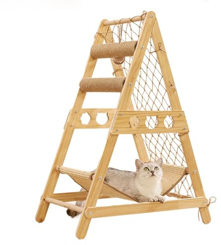 Árbol para gatos de madera maciza, trepadores para gatos de interior y exterior, torre de árbol de madera para gatos, con bolsa de red, hamaca, poste rascador de sisal, adecuado para gatos pequeños a