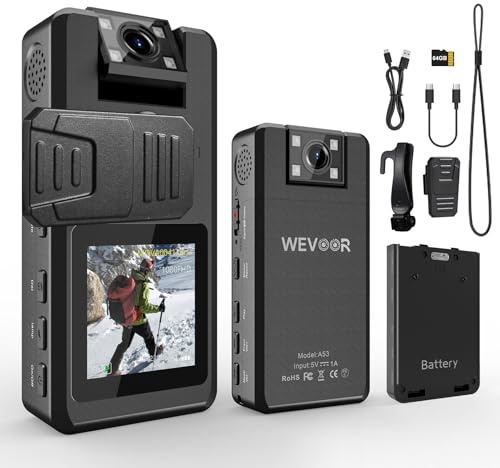 Wevoor Cámara Corporal 1296P 64GB 20H Mini Bodycam con Video y Audio, Lente Giratoria de 180 Pequeña Camara Corporal Policial Portátil con Clip Giratorio de 360° Visión Nocturna para Al Aire Libre
