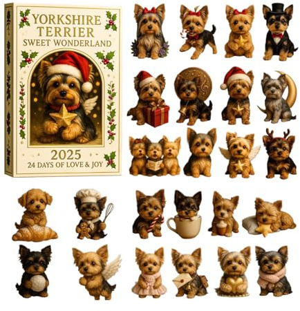 Calendario natalizio per conto alla rovescia | acrilico 2D | Ciondolo a forma di statuette Yorkshire Terrier da 24 giorni | Divertente bomboniera per amanti, amici, appassionati di famiglia