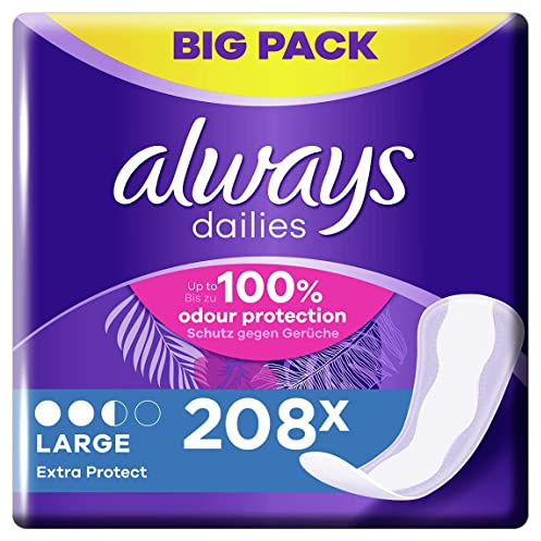 Always Dailies Panty Liners, Extra Protect, Large, 208 Liners (52 x 4 Packs), Odour Neutraliser, Absorbent Core