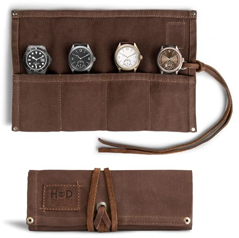 Hide & Drink, Waterproof Waxed Canvas Travel Watch Roll Organizer with 4 Slots, Easy Carry On Watchlover Storage, Handmade Travel Case, Honey Bourbon