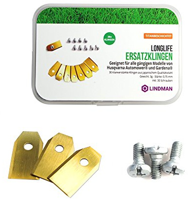 Lindman 30 x Titanklinge Longlife, passend für alle Husqvarna Automower / Gardena Roboter-Rasenmäher, 0,75 mm / 3 g Ersatzklingen, passend für 105, 310, 315, 320, 420, 430x, R40i und mehr, 30 Schraube