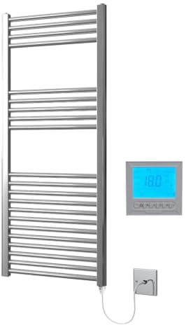 Greened House Chrome Electric Heated Towel Rail 400mm W x 1200mm H + Timer | Includes 7 Day Timer/Thermostat, Flat, Bathroom, Straight, Towel Warmer
