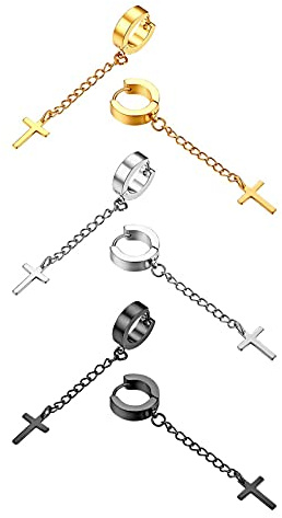 Flongo Damen Kreuz Ohrringe Creolen Herren Ohrstecker Silber Schwarz Rose Gold Blau Bunt Stecker mit Kette Kreuz Anhänger Jahrgang Männer, Frauen 6 Paar Set