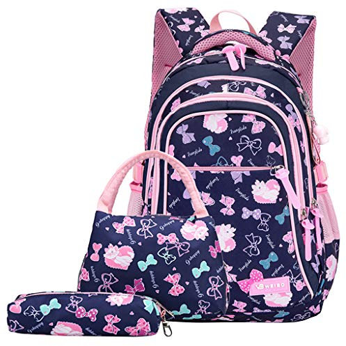 Kinderrucksack 3er Pink Girls School Bag Nylon wasserdicht mit Lunchpaket Federmäppchen für Childern Daypack, Bowknot drucken. 6-13 Jahre Kinder Jugendliche und Studenten.