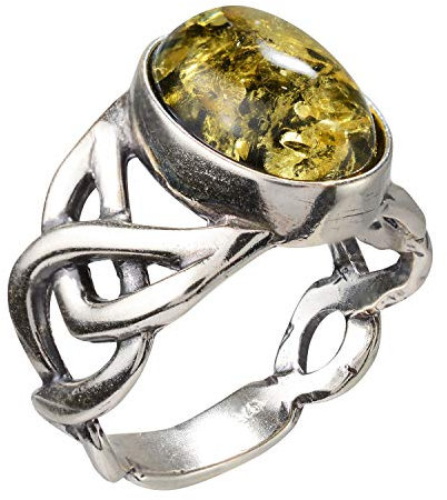 Anello in ambra verde con grandi nodi celtici in argento sterling e baltici; taglia 8