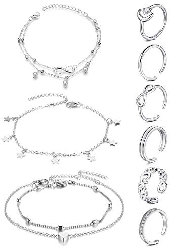 JFORYOU Toe Rings Open Toe Ring Regolabile, Cavigliera Bracciale a Catena Regolabile Beach Cavigliera Set di Gioielli per Piede per Donne Ragazze