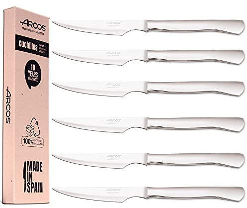 Arcos Juego Cuchillos Carne | 6 Piezas | Cuchillos carne cuchillo chuleteros | cubiertos acero inoxidable | Hoja 110 mm | mango monobloque | aptos lavavajillas | Caja Envase Ecológico