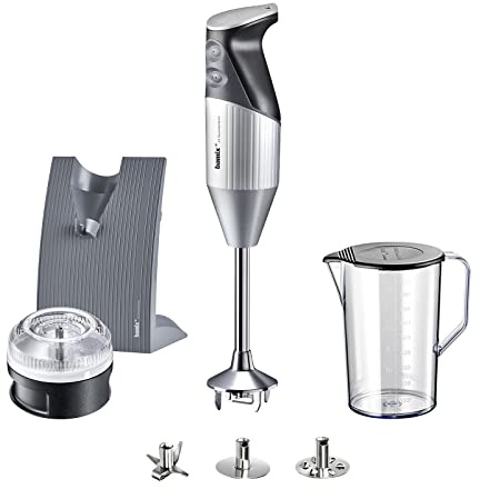 bamix SWISSLINE M200 - Batidora de mano (incluye cuchillo, batidor, batidor, procesador, vaso, soporte, 200 W, 2 niveles, acero inoxidable, fabricado en Suiza), color plateado