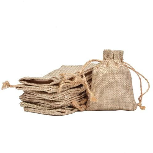 Oulitigy Bolsas de joyería Bolsas de lino Cordón 7 * 9 cm 50 piezas Boda Arpillera Arpillera Yute Favor Bolsas de regalo