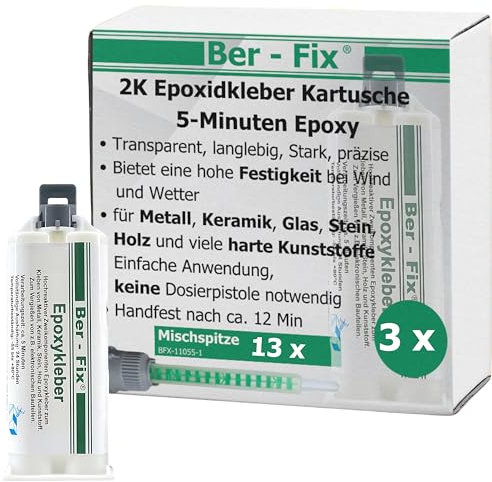 Ber-Fix 5 Min 2K Epoxidharz Kleber EXPRESS 3x 50g + 10 Spitzen Starker 2-Komponenten-Kleber für Kunststoff, Metall, Holz, Glas, Stein, Beton