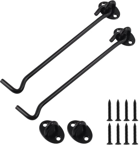 Cjueiom 2 x schwarze Knüpfhaken für Schuppentüren, 200 mm, Türriegel, Edelstahl, Kabinenhaken, robuster Torhaken und Ösenriegel für Schiebetüren, Garagen, Scheunentüren, Fenstern, Schuppen
