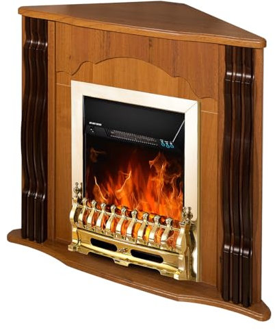 Camino Elettrico da Pavimento ad Angolo 88,2x95x47,3 cm Effetto Fiamma 2000W Clasic & Galileo gold Noce