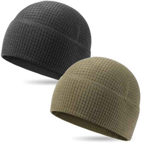 2 Pack Grid Fleece Beanie Watch Cap Waffle Tactical Beanie Multi-Season Army Military Fleece Hat, All Weather Gear, One Size, Black/Army Olive