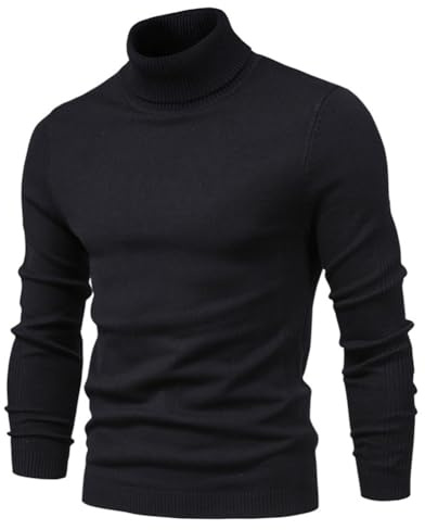 seiveini Jersey de Suéter Hombre Invierno Cuello Alto Color Sólido Jersey de Punto Fino de Cuello Alto para Hombres Suéter de Punto Básico Ajustado Pullover Jersey Hombre Invierno Cálido B Negro S