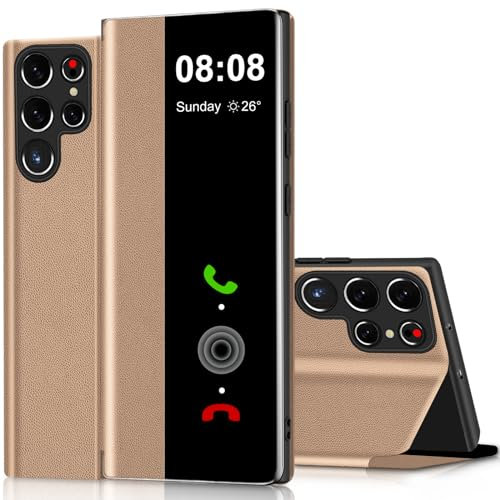 Handyhülle für Samsung Galaxy S23 Ultra 5G Hülle Clear View, für Samsung Galaxy S23 Ultra Hülle mit Ständer Klappbar Touchscreen View Flip Extra-Dünn Leder Schutzhülle Case, Cover Clear S View