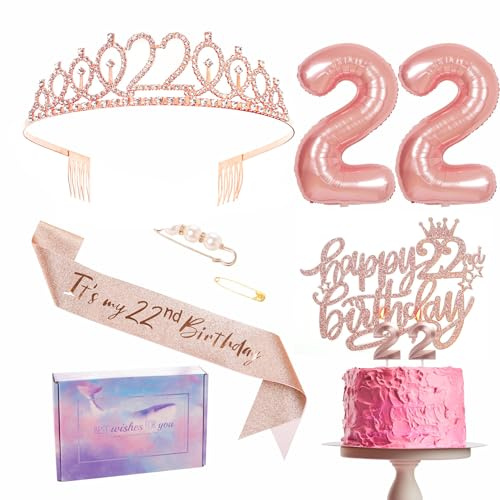 Set di Decorazioni per il 22esimo Compleanno - Stola e Corona da Festa in Oro Rosa per il 22esimo Compleanno, Corona da Festa, Decorazione per Torta e Candele, Palloncini Foil Numero 22, Forniture per