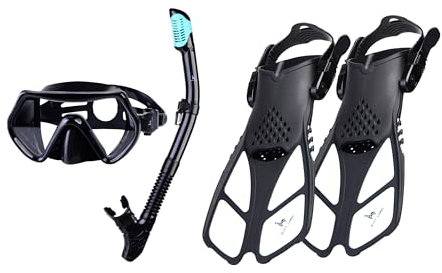 MINT LAMA Komplettes Schnorchelset für Erwachsene - Verstellbare Schwimmflossen, Maske & Schnorchel - Schwarz/Weiß, Größe M/L/XL (42 - 47)