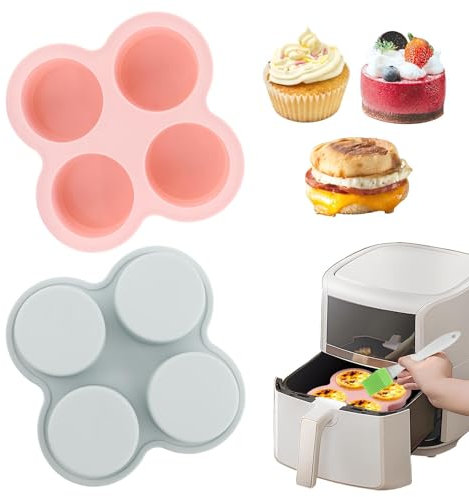 Wiederverwendbare Silikon-Ei-Form für Luftfritteusen, 4 Mulden, antihaftbeschichtet, mit Ölpinsel, Silikon-Muffinformen, Muffinförmchen zum Backen, Hamburger-Brötchenform (Rosa, Blau)