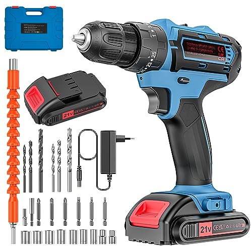 Akkuschrauber Set 21V, Akku Bohrschrauber mit Koffer, Akku Bohrmaschine, 25+3 Drehmomentstufen, 2 * 2000mAh Akku, 24 PCS Zubehöre, 2 Gang