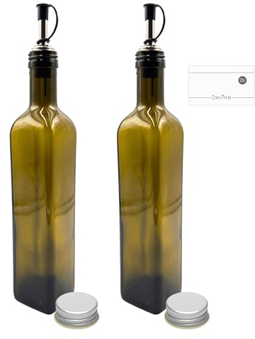 Devitre 2 bottiglie di olio da 500 ml in vetro con coperchio, beccuccio in acciaio inox ed etichette