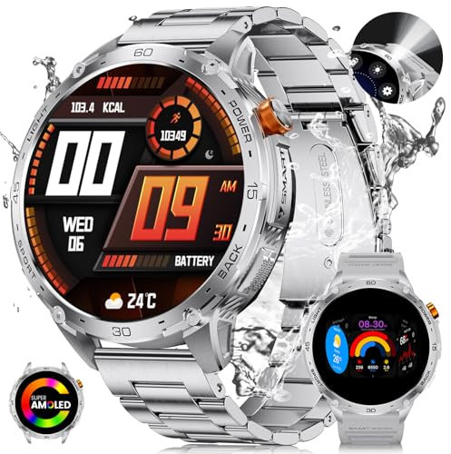 LIGE 1.75 Grande Schermo AMOLED Smartwatch Uomo con Torcia LED, Militare All'aperto Smart Watch per Android iOS, 100+ Sport, IP68 Impermeabile, 200+ Quadranti, Cinturino in Metallo Argento