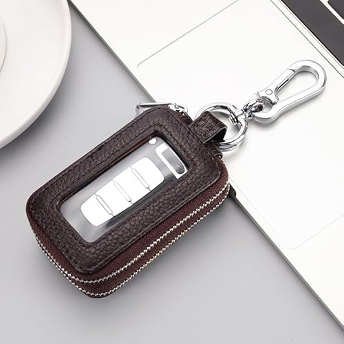 Leather Key Case with Transparent Window – Double-Layer Pebbled Design, Large Capacity Key Organizer for Car Keys, Durable Key Fob Pouch (Brown)