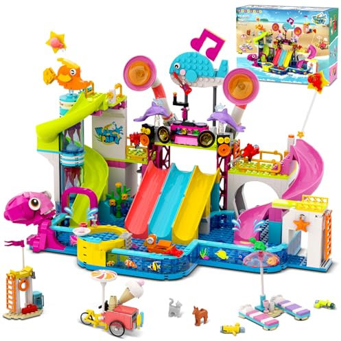 HOGOKIDS Friends Water Park Building Set, 911PCS Summer Fun Party Toy with 5 Water Slides, Creative Swimming Pool Block with Diving Platform & Bike Cart, Pretend Play Gift for Girls Boys Kid Age 8-12+