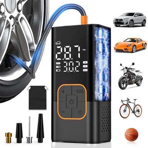 Tyre Inflator Air Compressor, Cordless Electric Bike Pump & Car Tyre Pump with Digital Pressure Gauge 150 PSI, Dual Values Display, LED Light, Portable Tyre Inflator for Car/Bicycle/Motocycle/Ball