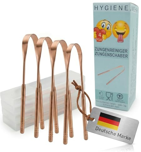 Zungenschaber Kupfer 4er Set – Zungenschaber aus 100% reinem Kupfer – Ayurveda Zungenreiniger gegen Mundgeruch – für frischen Atem – mit Box/Reiseetui – VASS