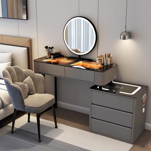 Glass Top Vanity Table with Mirror and Lights, White/GreyVanity Dressing Tables with Drawers - Makeup Table with Charging Station Dresser Table with Chair Bedroom Makeup Vanity Desk (Grey, 100CM)