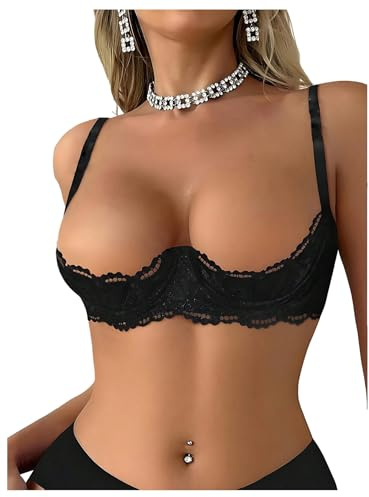 OYOANGLE Women's 1/4 Cup Lace Bra Balconette See Through Mesh Underwired Demi Spaghetti Strap Supportive Lingerie Bra Black Large
