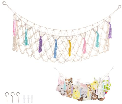 Kuscheltier Aufbewahrung Netz,Kuscheltier Hängematte mit Aufhängung aus Baumwollseil,Großes Fassungsvermögen mit Haken,für Kuscheltiere, Spielzeug, Kinderzimmer, Schlafzimmer(bunt)