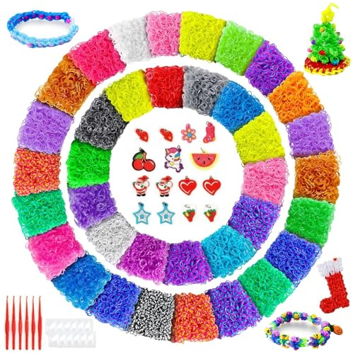 17160+ bandas de goma para pulseras, 34 colores bucles de goma, bandas de goma coloridas, kit de fabricación de pulseras, bandas elásticas con colgantes colgantes, ganchos para colgantes, manualidades