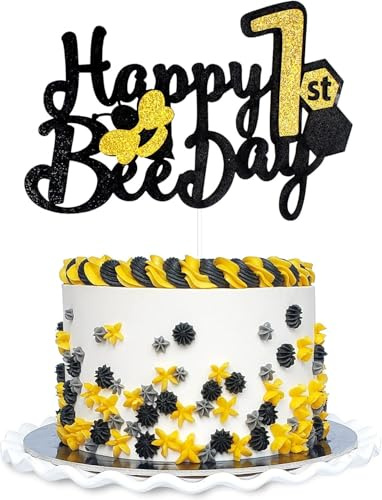 VGRDTW 1st Birthday Cake Topper, Bee Cake Decorations, Glitter Honeybee Cake Sign, Honey Theme Party Supplies for Girls Boys First Birthday Celebration