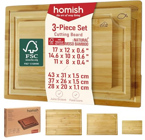 Bamboo Chopping Board and Serving Set for Kitchen, Wood Cutting & Charcuterie Board | Made with Moso Bamboo - 3pc Set
