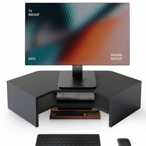 Fenge Monitorständer, L-förmig für Ecken Laptop PC, Monitor Stand, Schwarz | Bis 25kg, 2-Stufig, Rutschfeste Füße, Kabel-Mgmt. Organizer, Für TV Bildschirm Computer Drucker Schreibtisch Büro Zuhause