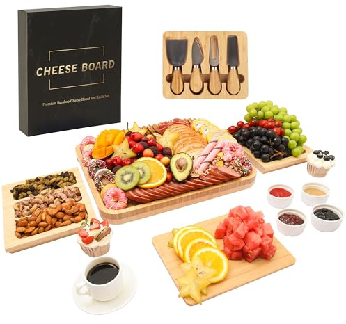 Charcuterie Board Set - Bamboo Cheese Board & Serving Tray with Stainless Steel Knives and Bowls, Housewarming Gifts New Home, Gift for Wedding Couple, Bridal Shower (NLB, 02)