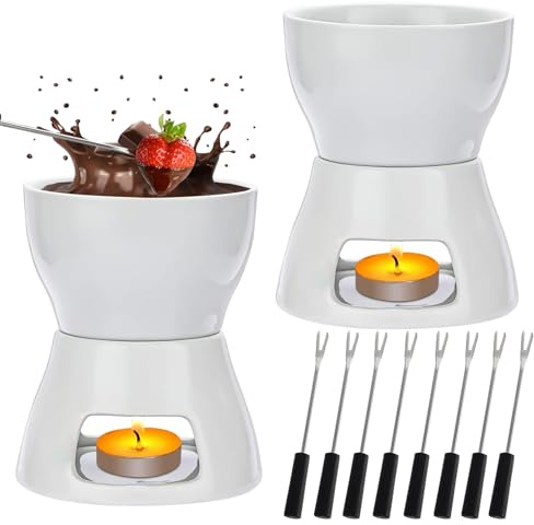 JTKDG 2er Set Schokoladenfondue & Saucenwärmer aus Keramik, inkl. 8 Gabeln – 400ml Mini Fondue Set für Schokolade, Käse & BBQ Saucen – Ideal für Grillpartys, Garten & Romantisches Picknick, Weiß