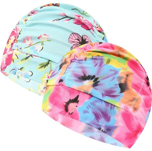 NASSMOSSE Cuffia da Nuoto 2 Pezzi, Cuffia da Nuoto Elastica Comfort Pieghettata Floreale, Taglia Unica in Poliammide da Donna, Cappelli da Bagno per Adulti per Uomini Adulti e Capelli Lunghi