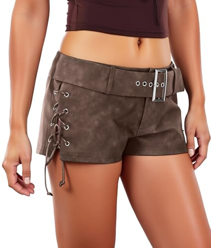 Ausing Damen Shorts PU Leder mit Schnüre Hose Kurz Party Karneval Outfit Sexy Outfit Rave Hotpants Elegant S-XL