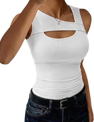 Aottori Canotta Donna con Scollo Asimmetrico Tank Top Elegante Slim Fit Basic Canottiera Spalla Larga a Coste T-Shirt Senza Maniche Aderente Sexy Bianco S