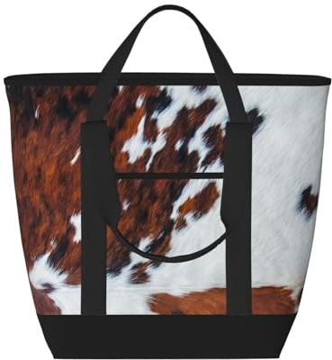 Sac cabas isotherme rustique en fausse fourrure de vache, en cuir de vachette – Grand format, imperméable et apte au contact alimentaire, idéal pour faire les courses, déjeuner, pique-niquer et empo